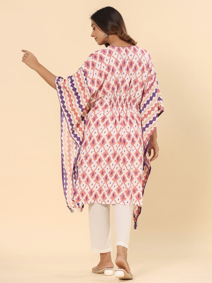 Rayon Rust and White Printed Tie Up Kaftan