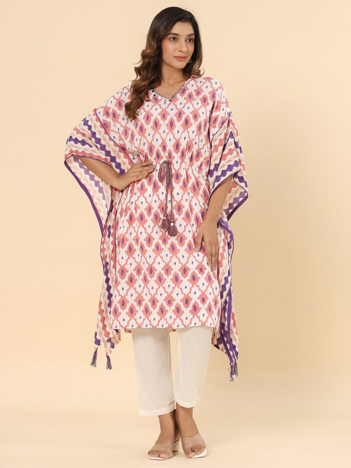 Rayon Rust and White Printed Tie Up Kaftan