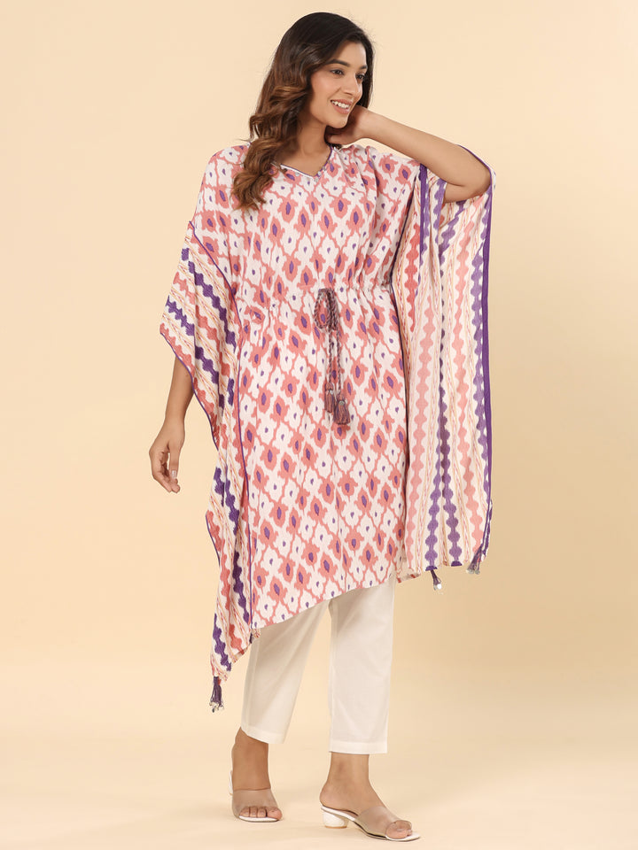 Rayon Rust and White Printed Tie Up Kaftan