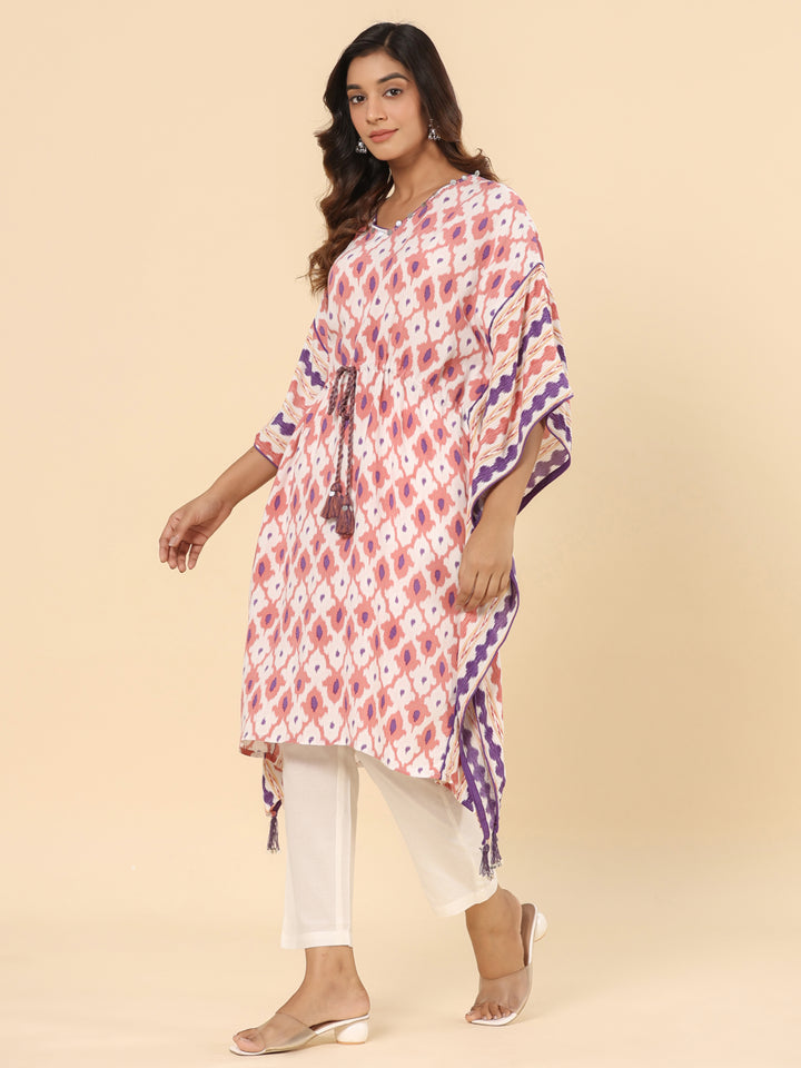 Rayon Rust and White Printed Tie Up Kaftan