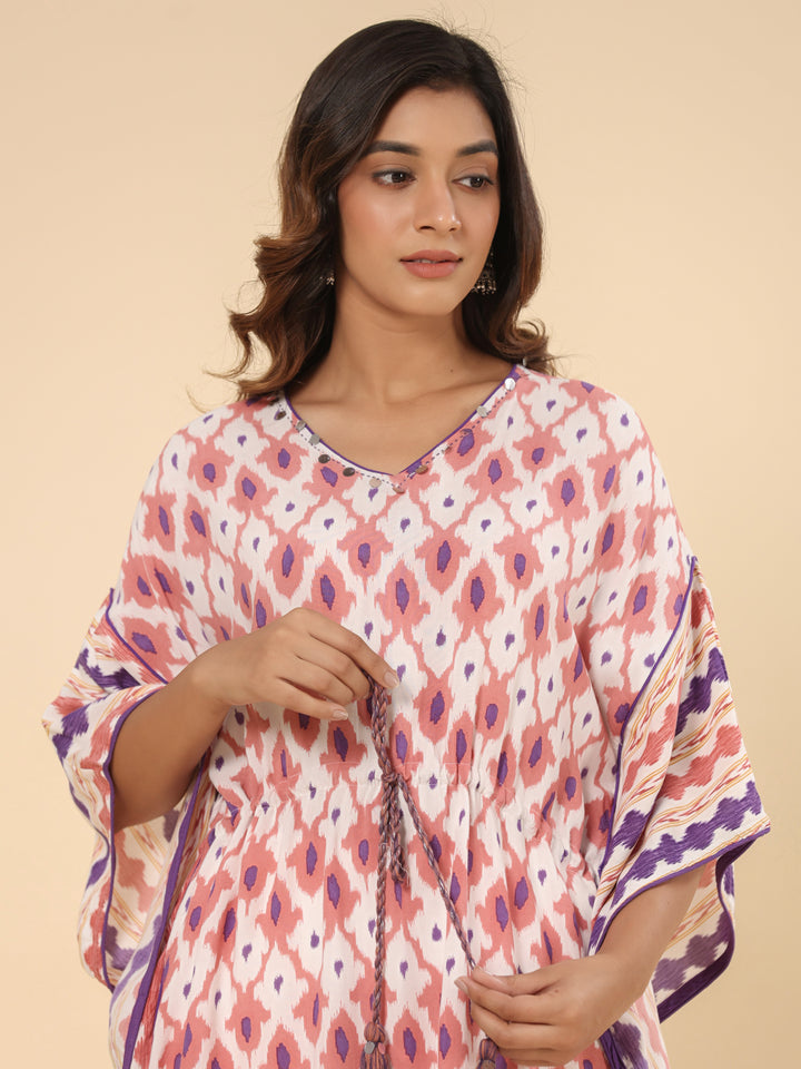 Rayon Rust and White Printed Tie Up Kaftan