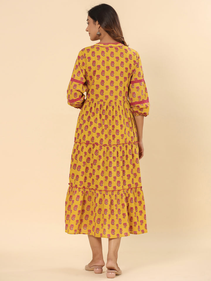 Mustard Floral Printed Cotton Ethnic Tier Dress