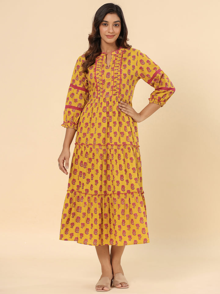 Mustard Floral Printed Cotton Ethnic Tier Dress