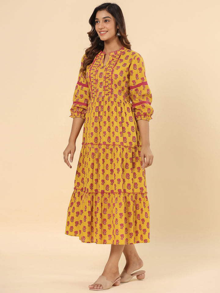 Mustard Floral Printed Cotton Ethnic Tier Dress