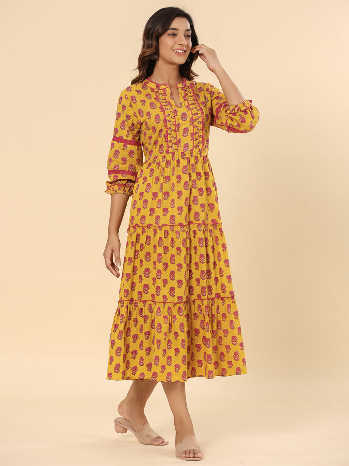 Mustard Floral Printed Cotton Ethnic Tier Dress