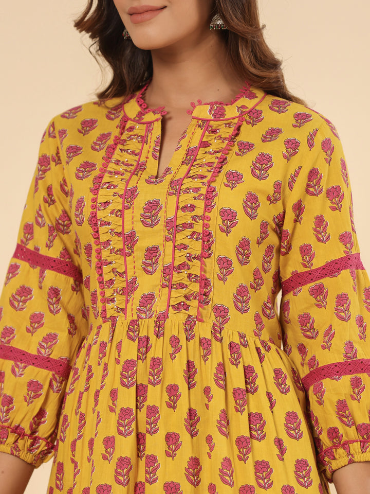 Mustard Floral Printed Cotton Ethnic Tier Dress