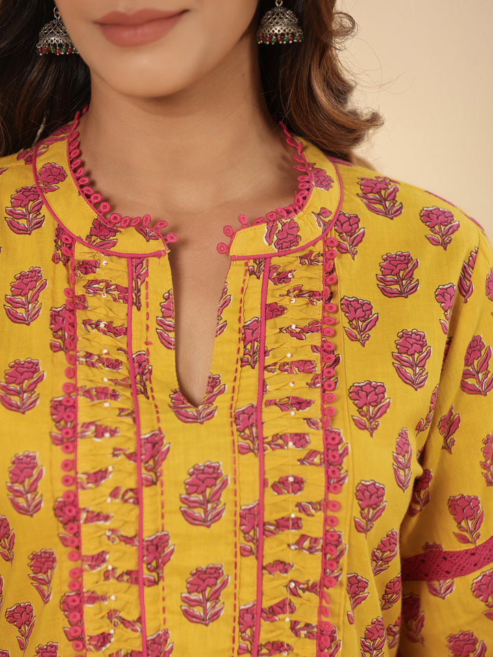 Mustard Floral Printed Cotton Ethnic Tier Dress