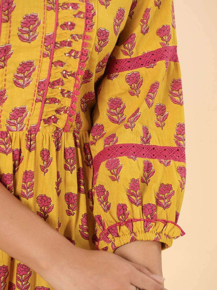 Mustard Floral Printed Cotton Ethnic Tier Dress