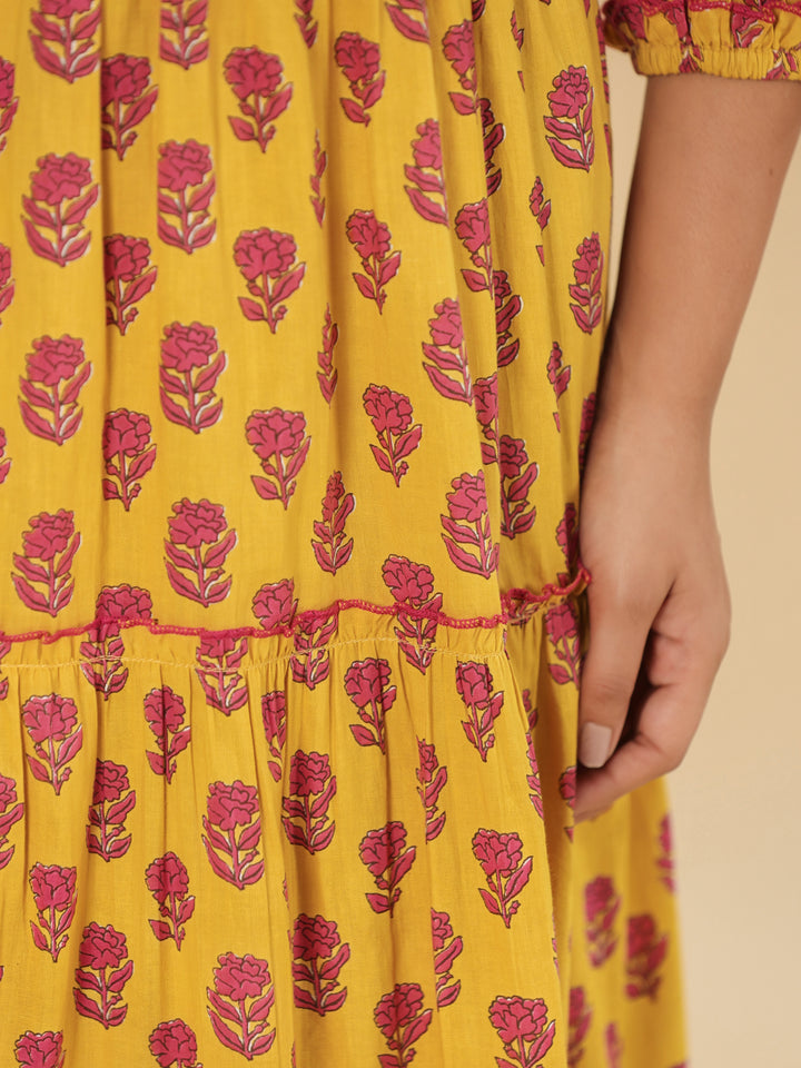 Mustard Floral Printed Cotton Ethnic Tier Dress
