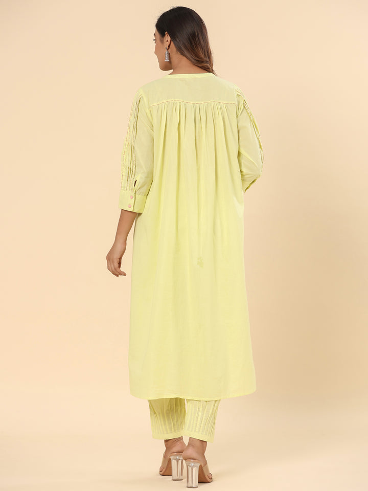 Lemon Yellow Cotton Embroidered A-Line Kurta Pants Set