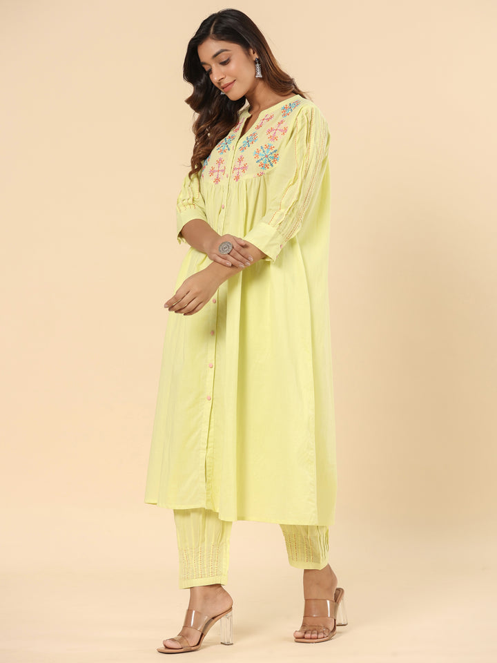 Lemon Yellow Cotton Embroidered A-Line Kurta Pants Set