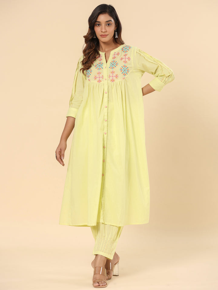 Lemon Yellow Cotton Embroidered A-Line Kurta Pants Set
