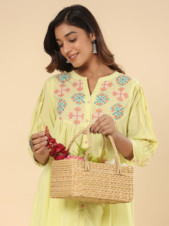 Lemon Yellow Cotton Embroidered A-Line Kurta Pants Set