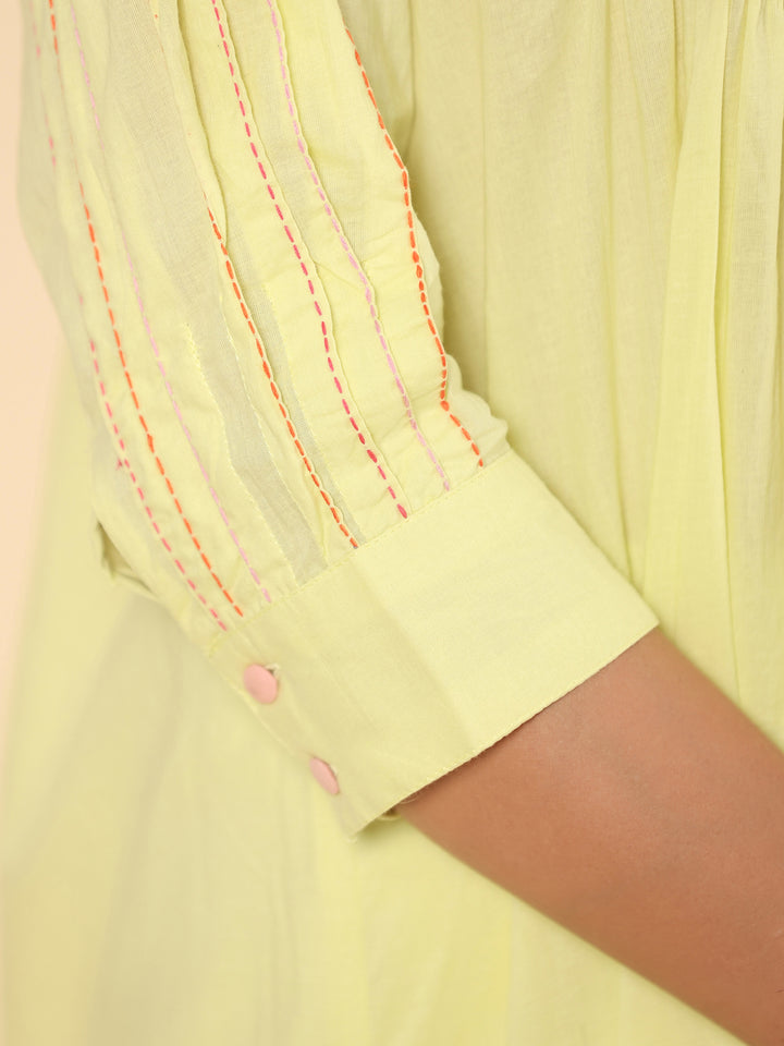 Lemon Yellow Cotton Embroidered A-Line Kurta Pants Set