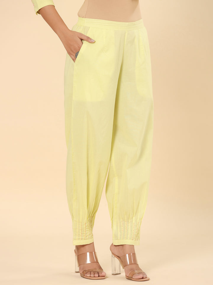 Lemon Yellow Cotton Embroidered A-Line Kurta Pants Set