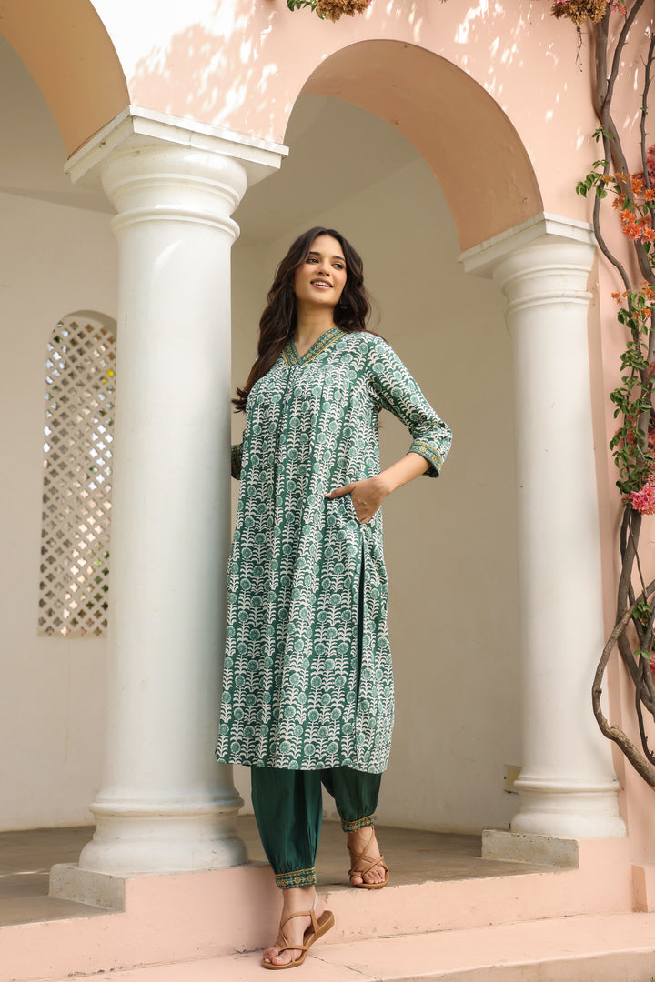 Teal Green Cotton Printed Designer Gathered Kurta Pant Set