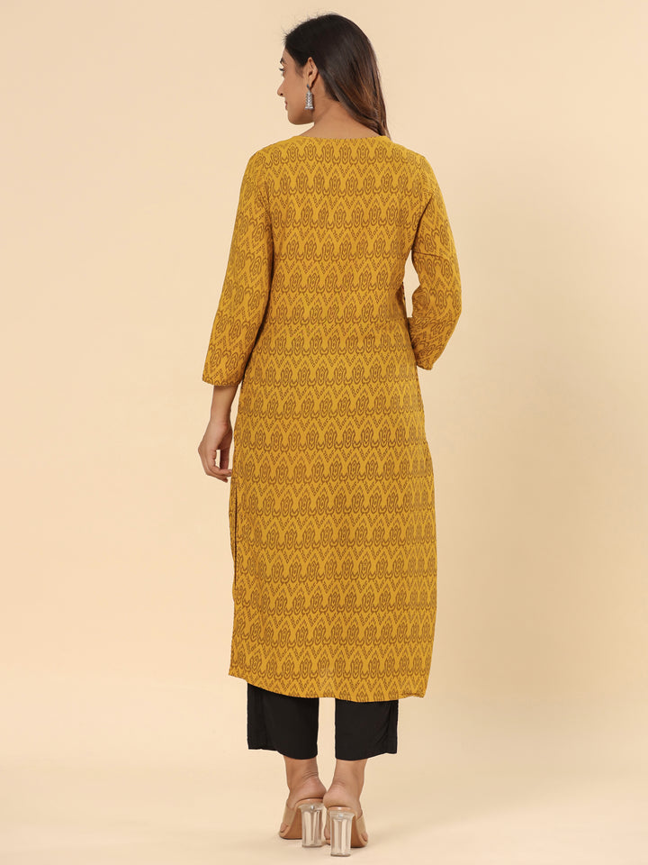 Mustard Printed Rayon Straight Kurta