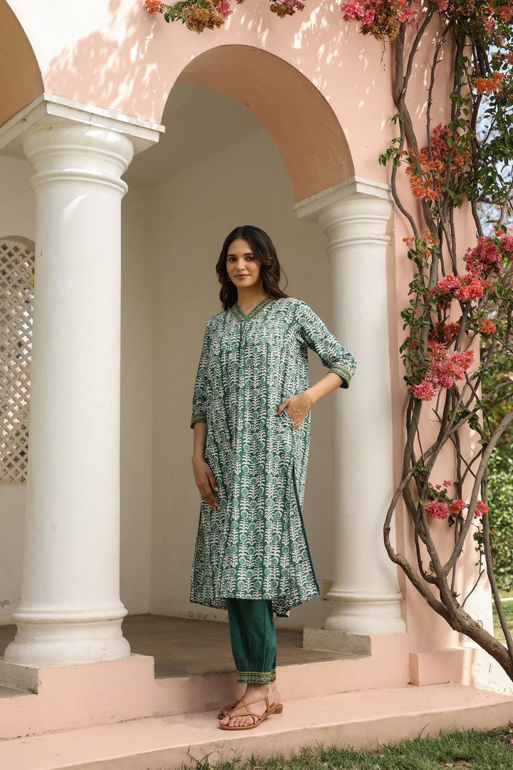 Teal Green Cotton Printed Designer Gathered Kurta Pant Set