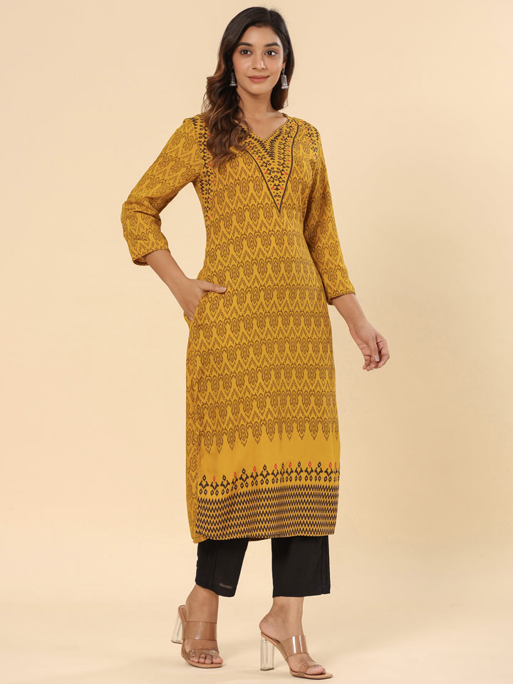 Mustard Printed Rayon Straight Kurta
