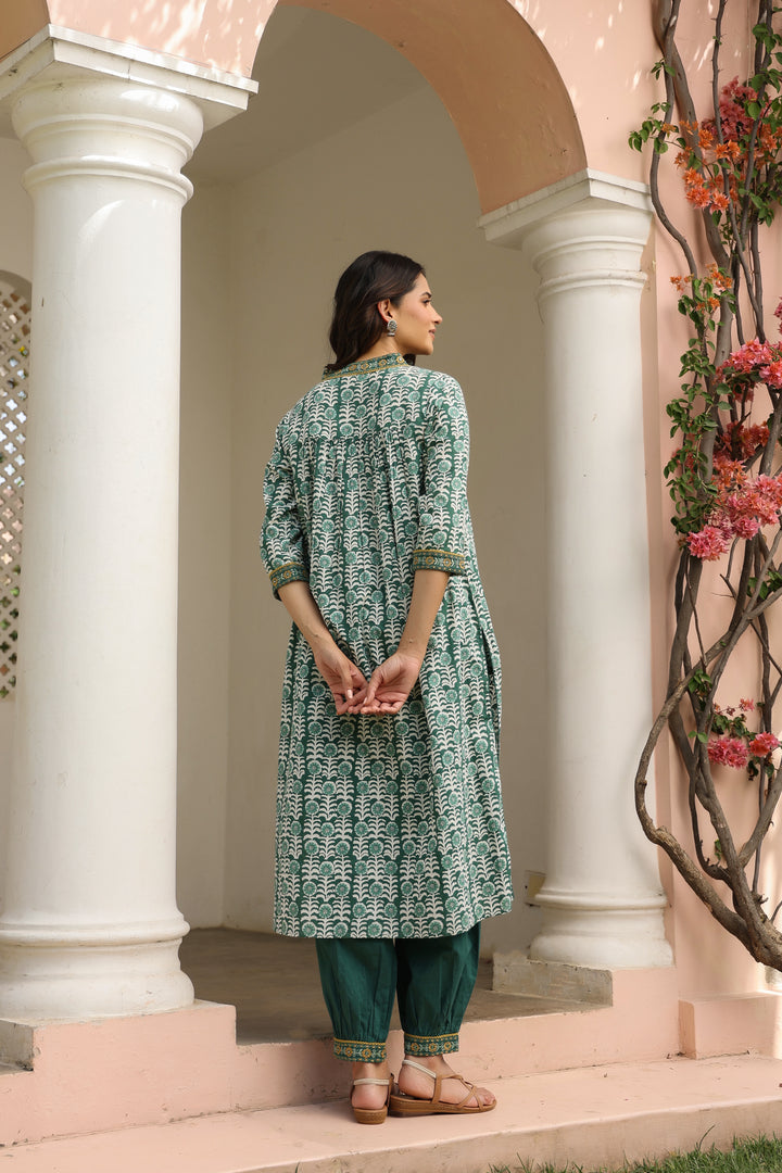 Teal Green Cotton Printed Designer Gathered Kurta Pant Set
