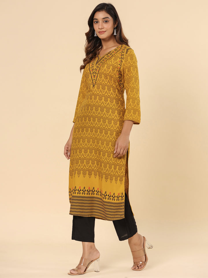 Mustard Printed Rayon Straight Kurta