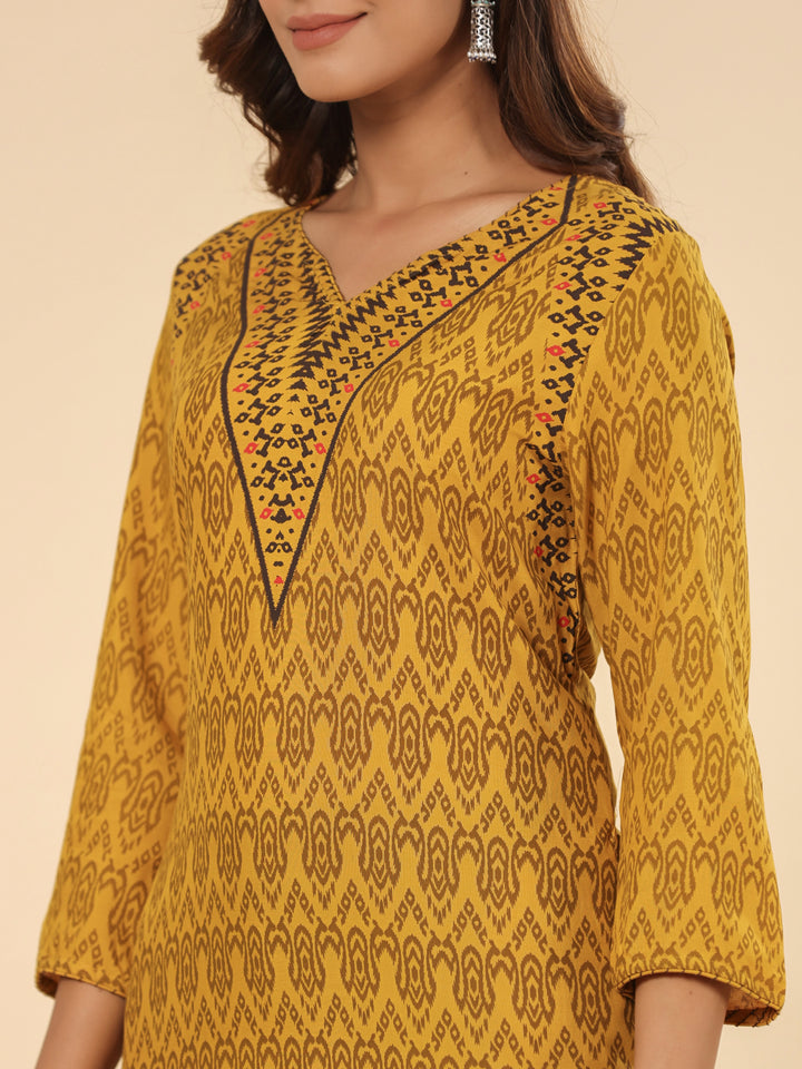 Mustard Printed Rayon Straight Kurta