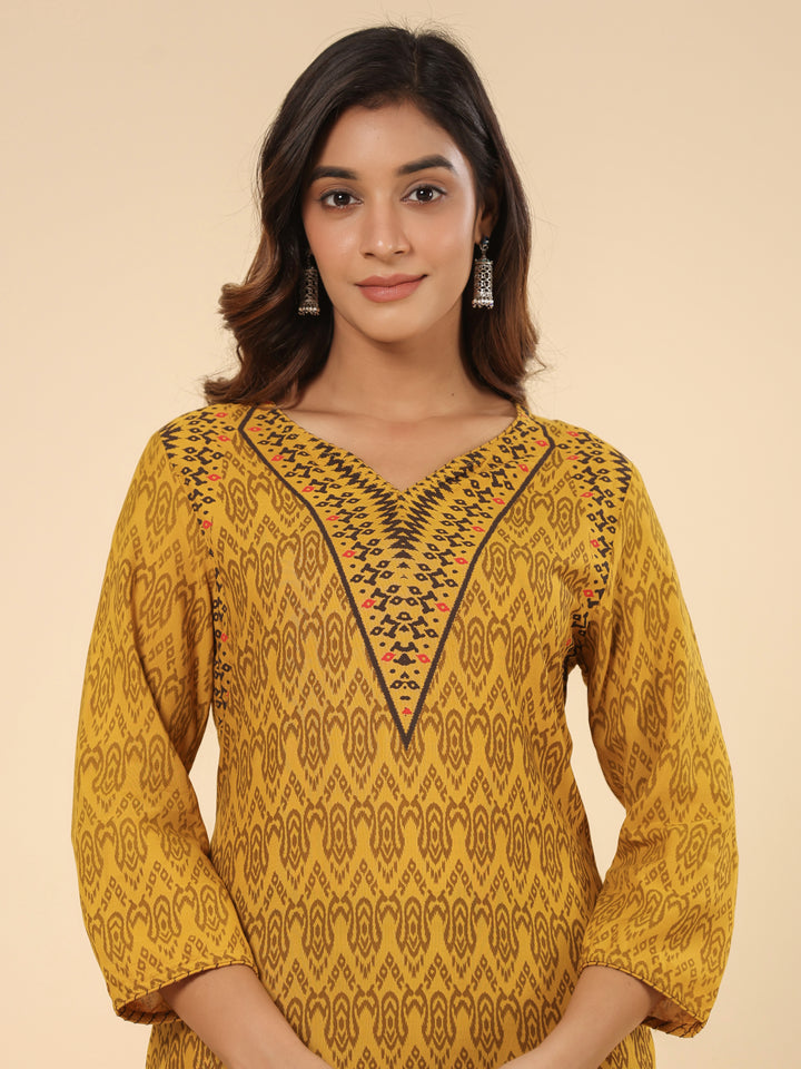 Mustard Printed Rayon Straight Kurta