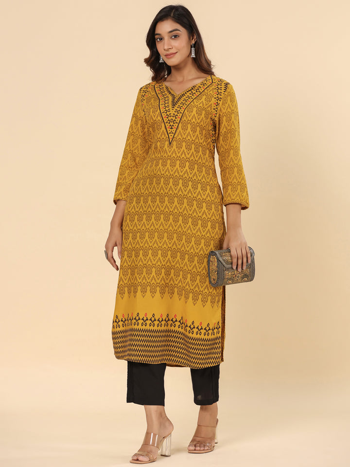 Mustard Printed Rayon Straight Kurta