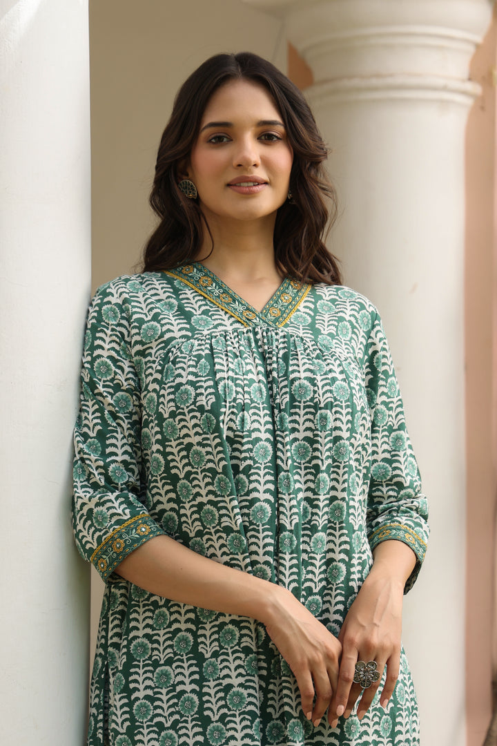 Teal Green Cotton Printed Designer Gathered Kurta Pant Set