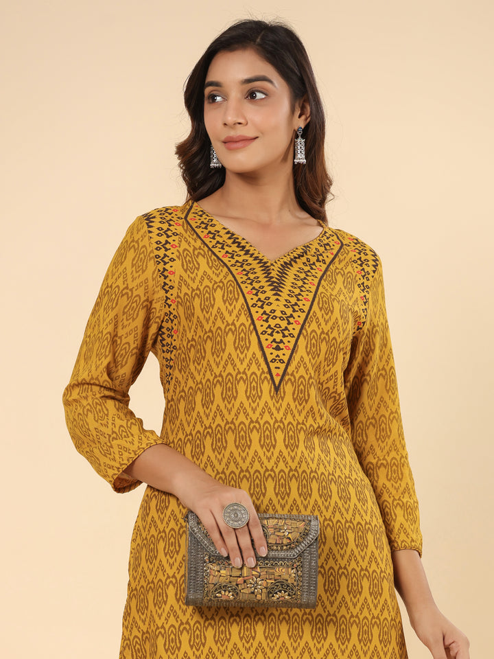 Mustard Printed Rayon Straight Kurta