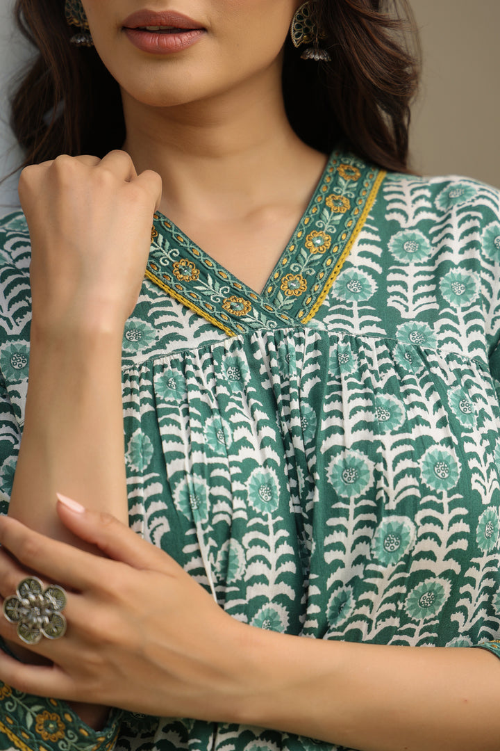 Teal Green Cotton Printed Designer Gathered Kurta Pant Set