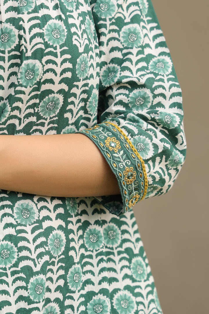 Teal Green Cotton Printed Designer Gathered Kurta Pant Set