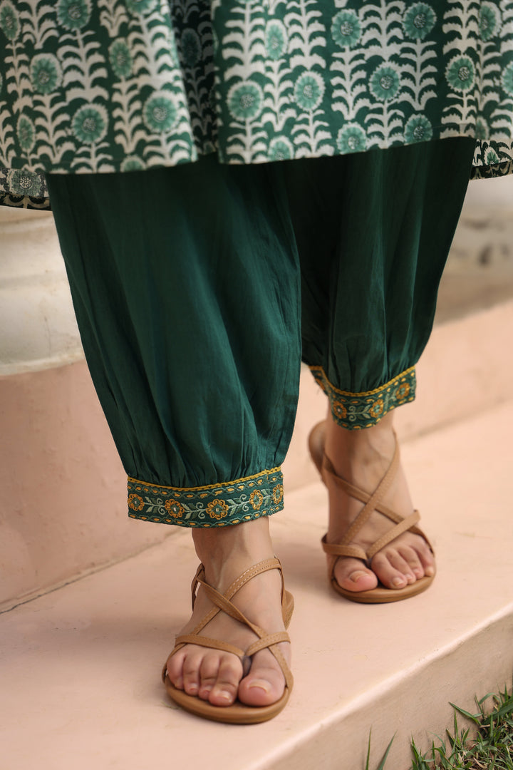 Teal Green Cotton Printed Designer Gathered Kurta Pant Set