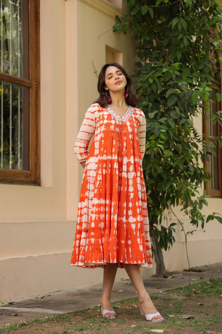 Orange Cotton Dobby Tie & Dye Tiered Designer Dress