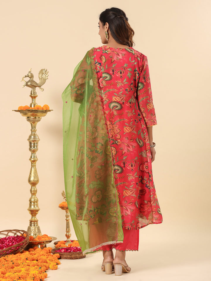 Chanderi Red Embroidered A-Line Festive Suit Set With Dupatta