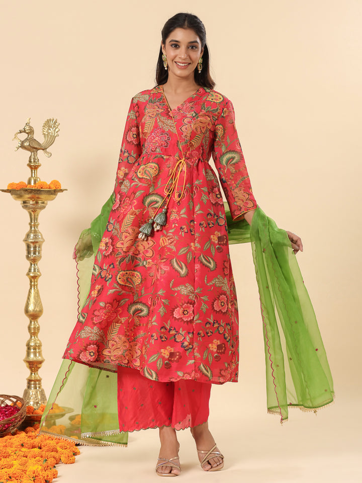 Chanderi Red Embroidered A-Line Festive Suit Set With Dupatta