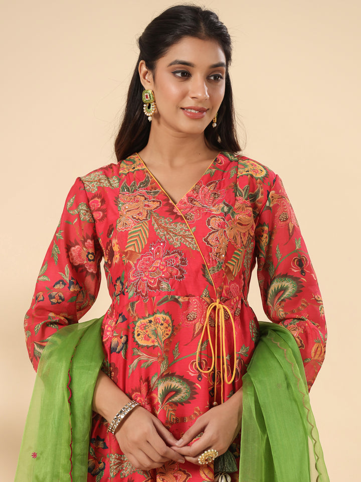 Chanderi Red Embroidered A-Line Festive Suit Set With Dupatta
