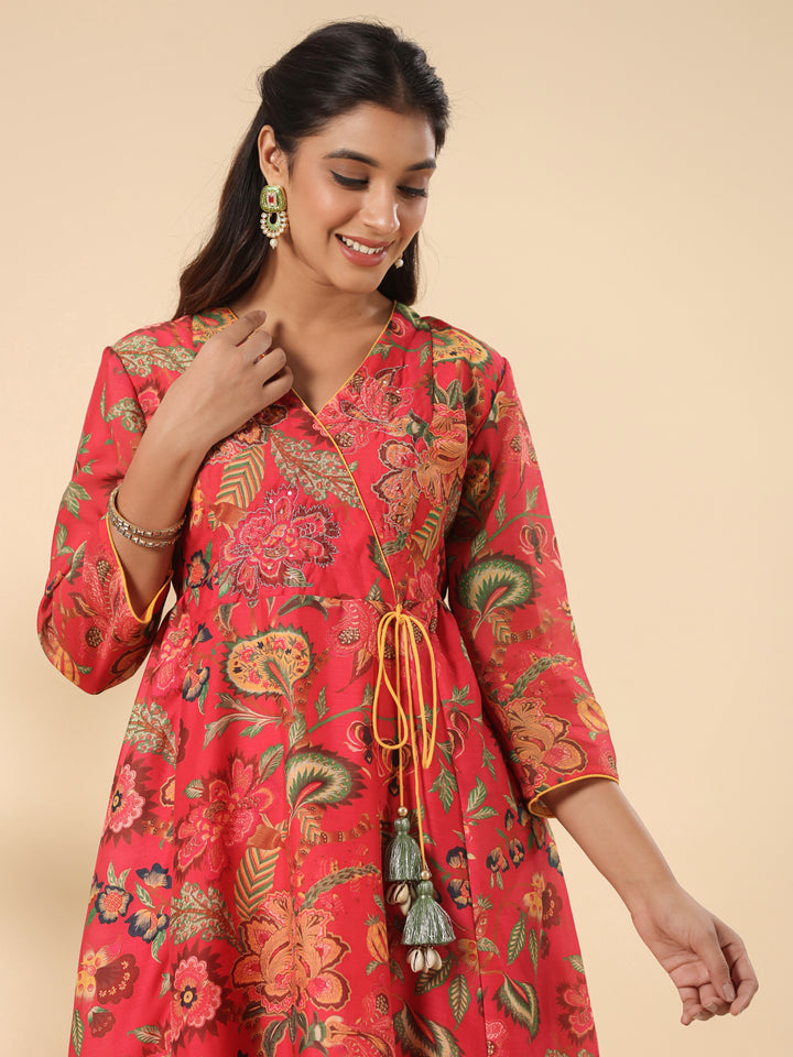Chanderi Red Embroidered A-Line Festive Suit Set With Dupatta