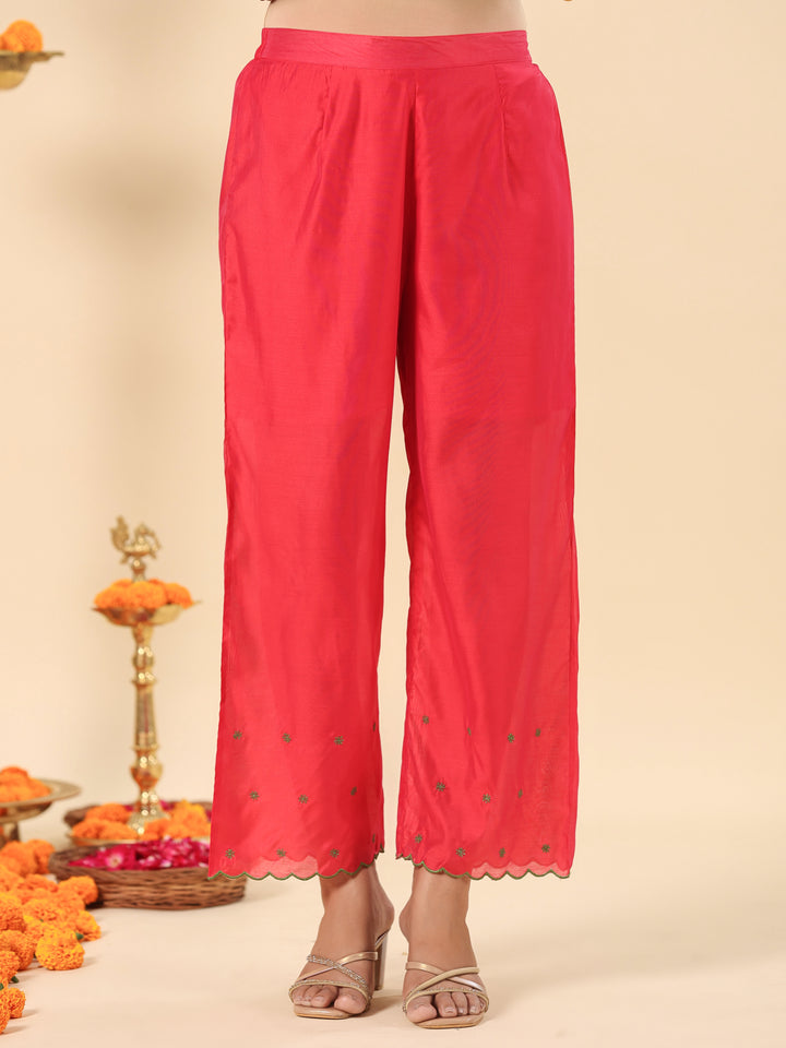 Chanderi Red Embroidered A-Line Festive Suit Set With Dupatta