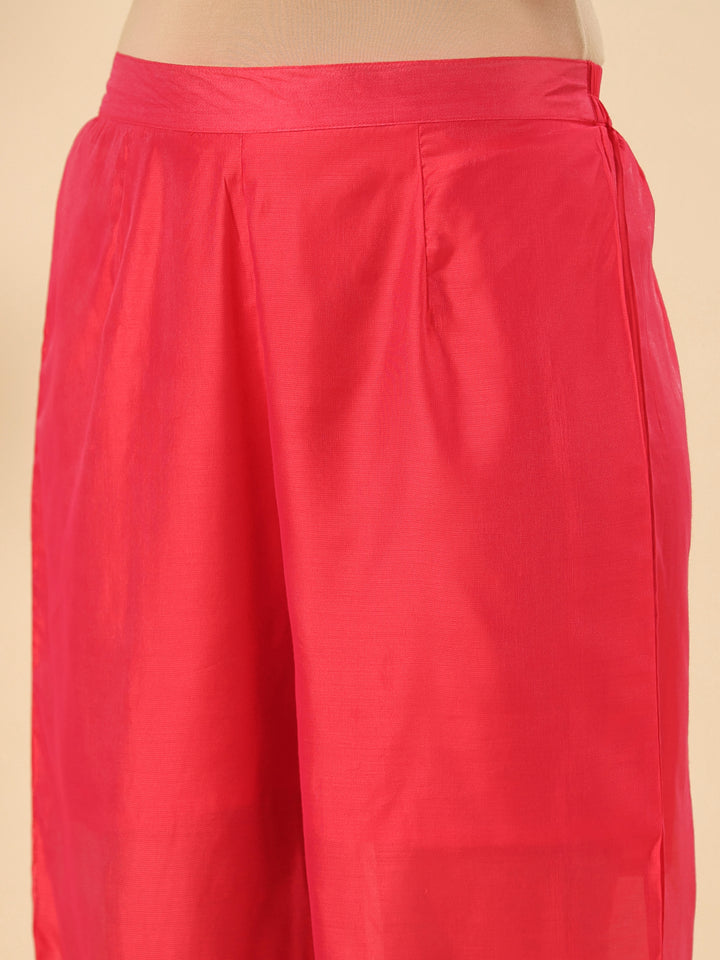 Chanderi Red Embroidered A-Line Festive Suit Set With Dupatta