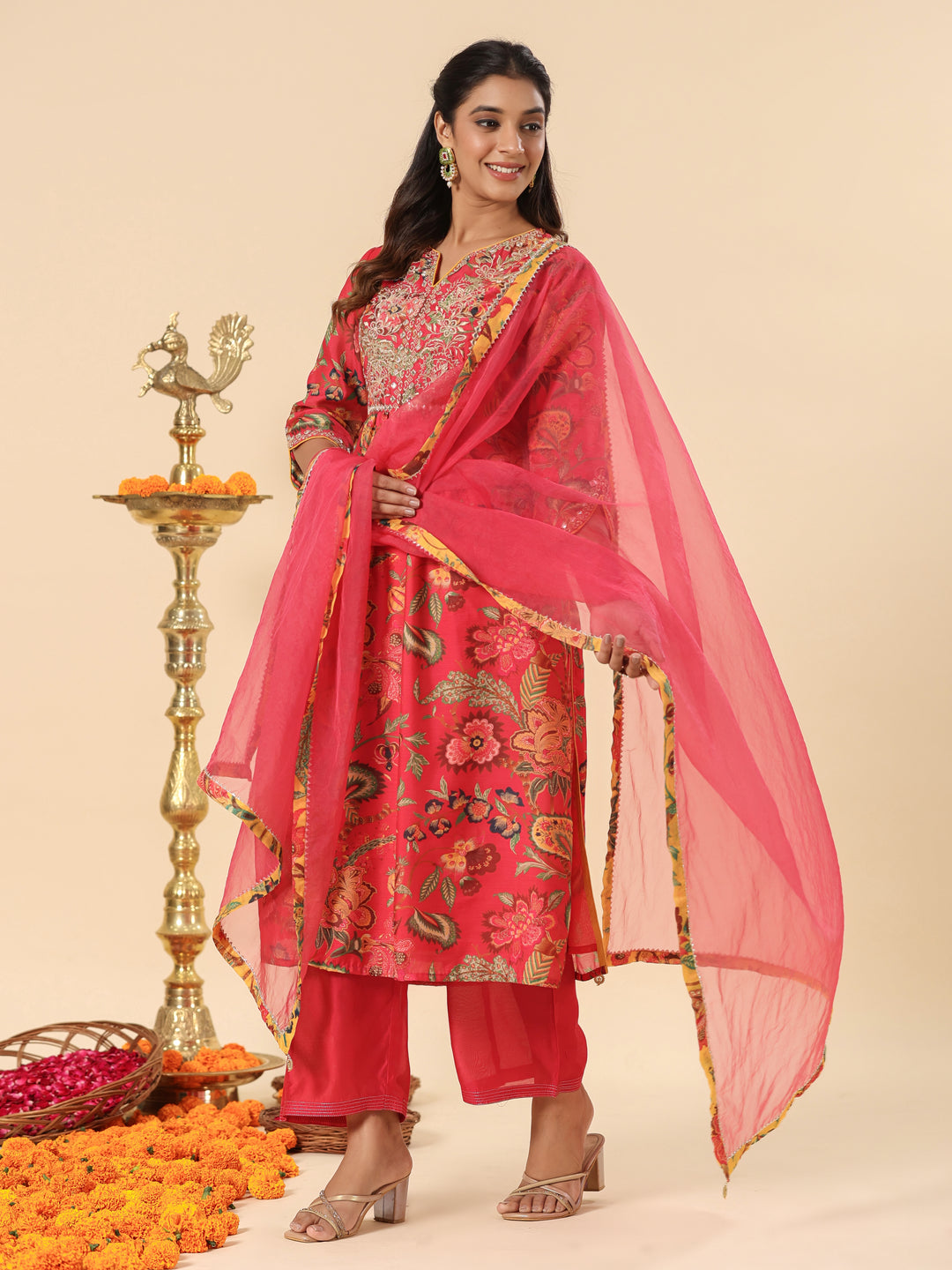 Coral Red  Embroidered Chanderi Festive Suit Set With Dupatta