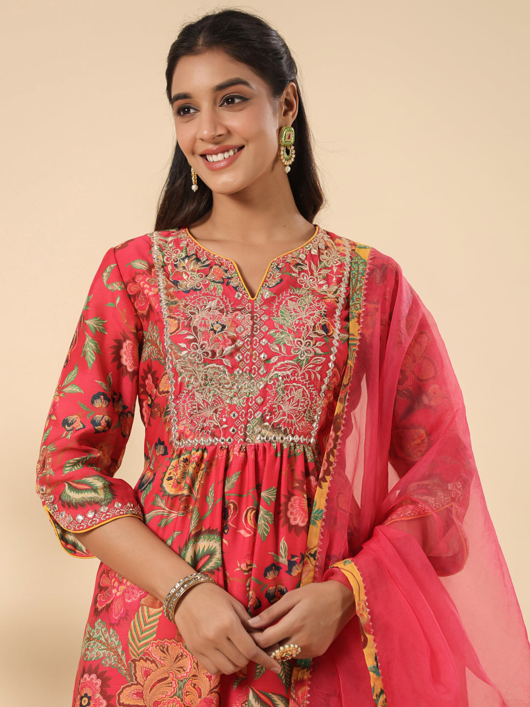 Coral Red  Embroidered Chanderi Festive Suit Set With Dupatta