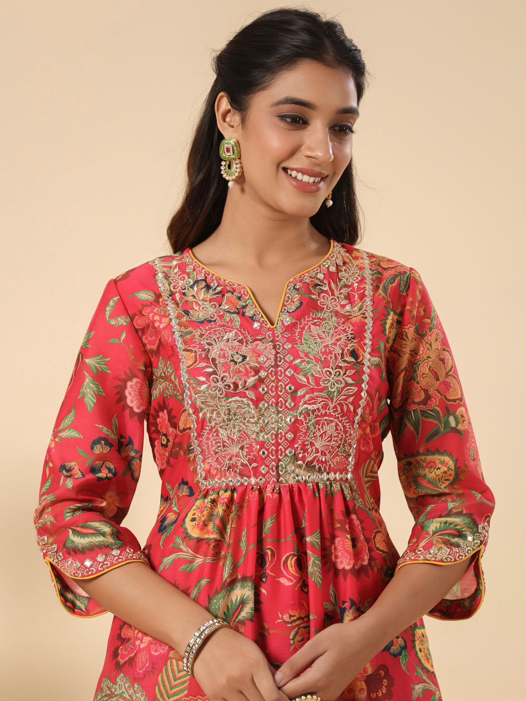 Coral Red  Embroidered Chanderi Festive Suit Set With Dupatta
