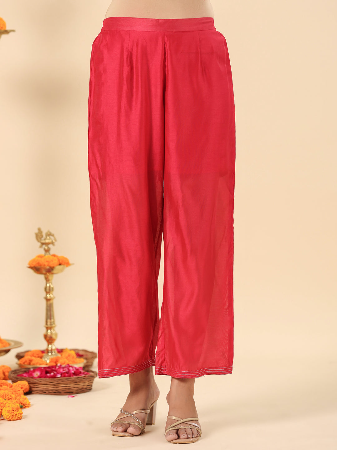 Coral Red  Embroidered Chanderi Festive Suit Set With Dupatta