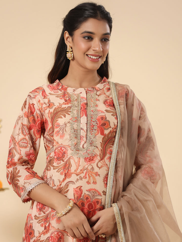 Beige A-Line Printed Chanderi Festive Suit Set with Dupatta