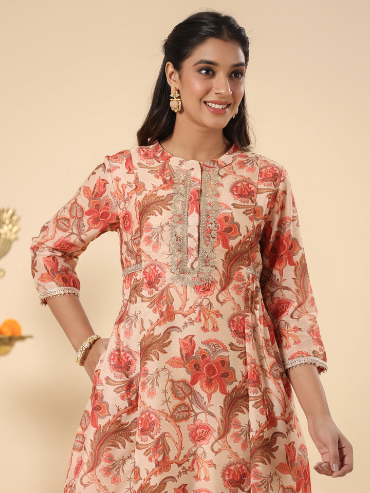 Beige A-Line Printed Chanderi Festive Suit Set with Dupatta