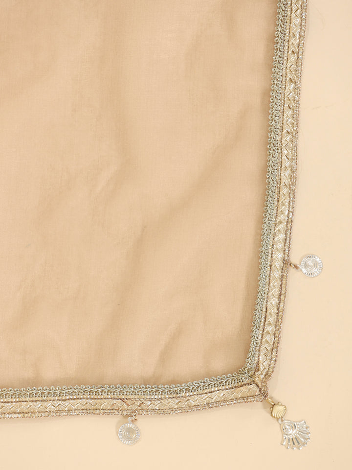 Beige A-Line Printed Chanderi Festive Suit Set with Dupatta