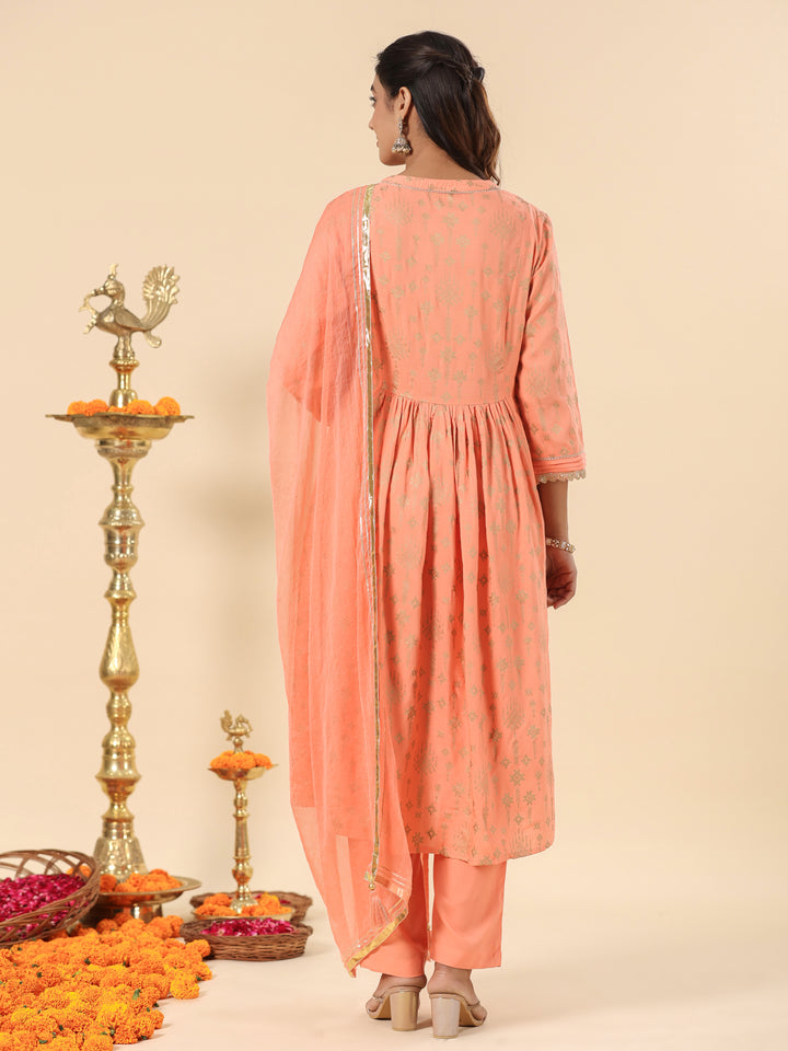 Peach Designer Festive Gathered Kurta Pant Set With Dupatta