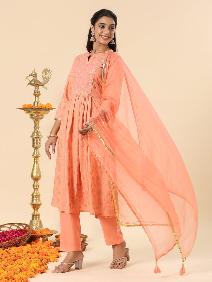 Peach Designer Festive Gathered Kurta Pant Set With Dupatta