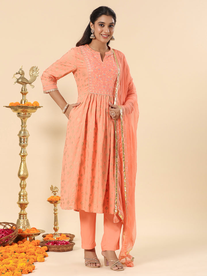Peach Designer Festive Gathered Kurta Pant Set With Dupatta